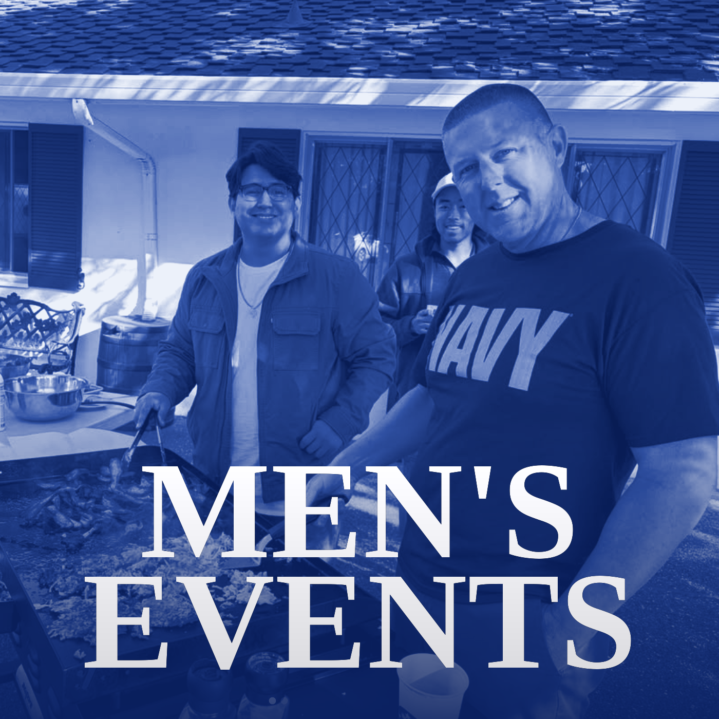 Men grilling at Saint Paul's Anglican Church men's breakfast in Los Altos, with the words Men's Events
